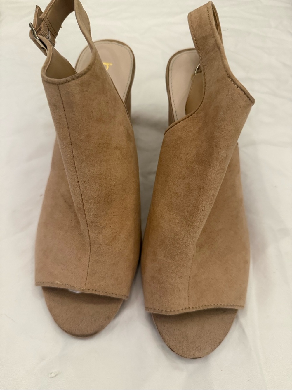 Bar III Camel Suede Peep-Toe Wedge Slingbacks